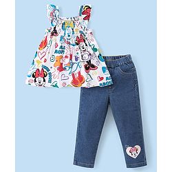 Babyhug Disney Cotton Knit Sleeveless Top & Denim Pants Set With Minnie Mouse Graphics - Multicolor