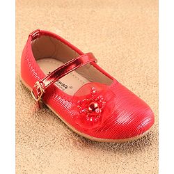 Cute Walk By Babyhug Ballerinas With Buckle Closure & Floral Applique - Red