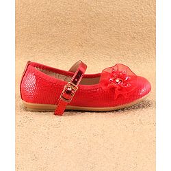 Cute Walk By Babyhug Ballerinas With Buckle Closure & Floral Applique - Red