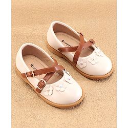 Cute Walk by Babyhug Ballerinas with Velcro Closure Floral Applique - Beige