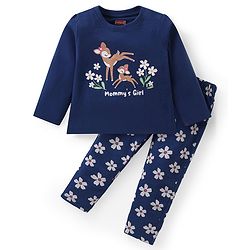 Babyhug Cotton Knit  Full Sleeves Deer & Floral Print Night Suit - Navy Blue