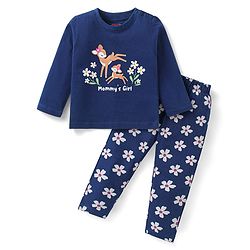 Babyhug Cotton Knit  Full Sleeves Deer & Floral Print Night Suit - Navy Blue