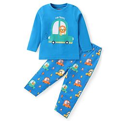 Babyhug Cotton Knit Full Sleeves Night Suit With Cars Print - Blue