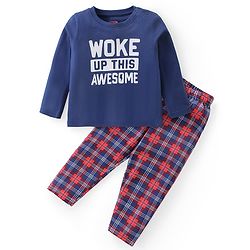 Babyhug Cotton Knit Full Sleeves Night Suit With Text Print - Multicor
