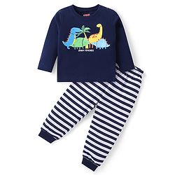Babyhug Cotton Knit Full Sleeves Night Suit With Dinosaur Print - Navy