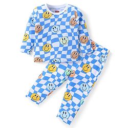 Babyhug Cotton Knit Full Sleeves Night Suit With Smiley Print - Blue