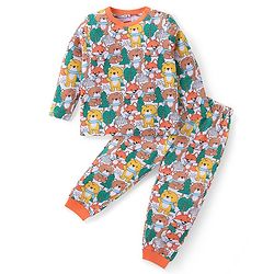 Babyhug Cotton Knit Full Sleeves Night Suit With Teddy Bear Print - Multicolor