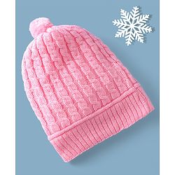 Babyhug Woollen Cable Knit Design Cap With Pom Pom - Pink