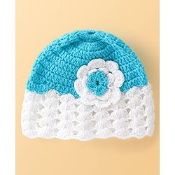 Babyhug Woolen Knitted Crochet Design Cap - Blue & White