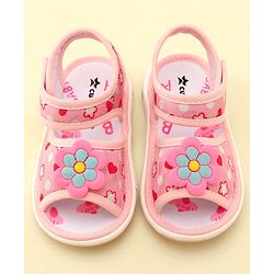 Cute Walk by Babyhug Velcro Closure Musical Sandals With Floral Applique- Pink