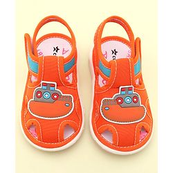 Cute Walk by Babyhug Velcro Closure Musical Sandals with Ship Applique -Orange