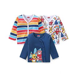 Babyhug Interlock Cotton Knit Full Sleeves Front Open Vests With Stripes & Animals Print Pack of 3 - White & Blue