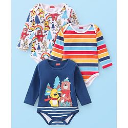 Babyhug 100% Cotton Knit Full Sleeves Onesies Bear & Reindeer Print Pack of 3 - Multicolour