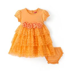 Babyhug Single Jersey Knit Puffed Sleeves Frock with Bloomer Floral Applique - Orange