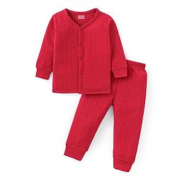 Babyhug Full Sleeves Front Open Thermal Vest & Pant Set Solid Colour - Red