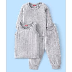 Babyhug Full Sleeves Solid Thermal Vests & Pant Set -Light Grey