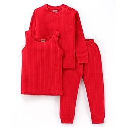 Babyhug Full Sleeves Pullover Thermal Vest & Pant Set with Solid Colour - Red