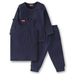 Babyhug Full Sleeves Solid Thermal Vests & Pant Set - Navy Blue
