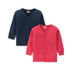 Babyhug Cotton Blend Full Sleeves Front Open Solid Color Thermal Wear Vests Pack Of 2 - Navy Blue & Red