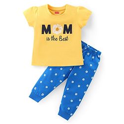 Babyhug Cotton Knit Half Sleeves Night Suit with Polka Dots & Text Print - Yellow & Blue