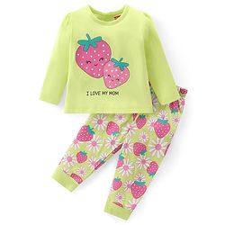 Babyhug Cotton Knit Full Sleeves Night Suit With Strawberry & Floral Print - Green