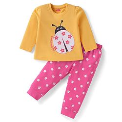 Babyhug Cotton Knit Full Sleeves Night Suit with Floral & Ladybug Print - Orange & Pink