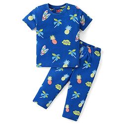 Babyhug Cotton Knit Half Sleeves Night Suit with Tropical Theme Print - Blue