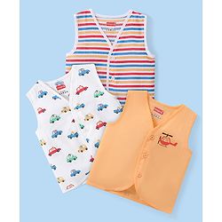 Babyhug 100% Cotton Knit Sleeveless Striped & Printed Set Of Vests Pack Of 3 - Multicolor