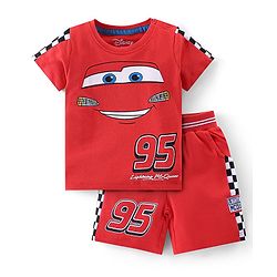 Babyhug Disney Cotton Knit Half Sleeves T-Shirt & Shorts Set With Cars Graphics - Red