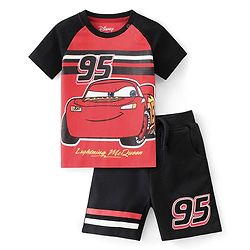 Babyhug Disney Cotton Knit Raglan Sleeves T-Shirt & Shorts Set With Cars Print - Multicolor