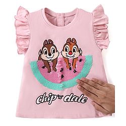Babyhug Disney Cotton Knit Frill Sleeves Tee With Chip'n Dale Print With Reversible Sequins - Pink