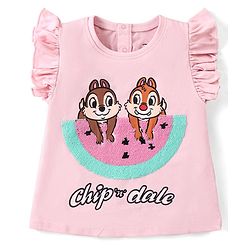 Babyhug Disney Cotton Knit Frill Sleeves Tee With Chip'n Dale Print With Reversible Sequins - Pink