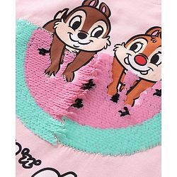 Babyhug Disney Cotton Knit Frill Sleeves Tee With Chip'n Dale Print With Reversible Sequins - Pink