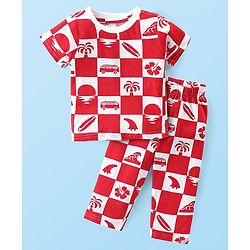 Babyhug Cotton Knit Half Sleeves Night Suit with Beach Theme Print - Red & White