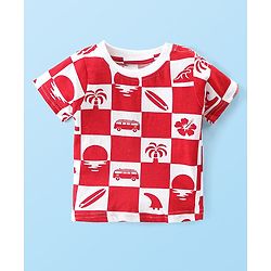 Babyhug Cotton Knit Half Sleeves Night Suit with Beach Theme Print - Red & White