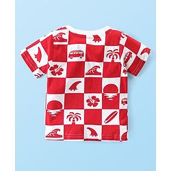 Babyhug Cotton Knit Half Sleeves Night Suit with Beach Theme Print - Red & White
