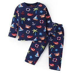 Babyhug Cotton Knit Full Sleeves Night Suit With Beach Theme Print - Navy