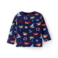 Babyhug Cotton Knit Full Sleeves Night Suit With Beach Theme Print - Navy