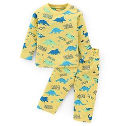 Babyhug Cotton Knit Full Sleeves Night Suit Dino Print- Yellow