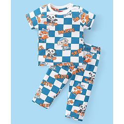 Babyhug Cotton Knit Half Sleeves Night Suit with Panda & Elephant Print - Blue & White