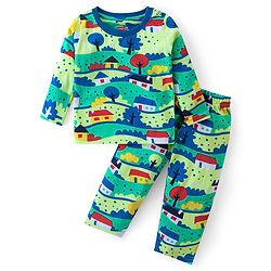 Babyhug Cotton Knit Full Sleeves Night Suit With Scenic Print - Green