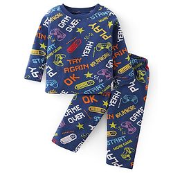 Babyhug Cotton Knit Full Sleeves Night Suit With Gaming Theme Print - Navy
