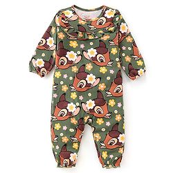 Babyhug Disney Interlock Full Sleeves Romper With Bambi Print & Frills Detailing - Green