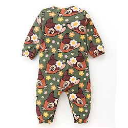 Babyhug Disney Interlock Full Sleeves Romper With Bambi Print & Frills Detailing - Green