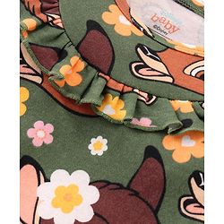 Babyhug Disney Interlock Full Sleeves Romper With Bambi Print & Frills Detailing - Green