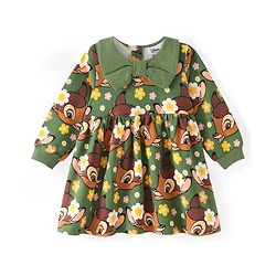 Babyhug Disney Cotton Knit Full Sleeves Peter Pan Collar Neck Frock with Bambi Print & Bow Detailing - Green