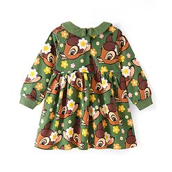 Babyhug Disney Cotton Knit Full Sleeves Peter Pan Collar Neck Frock with Bambi Print & Bow Detailing - Green