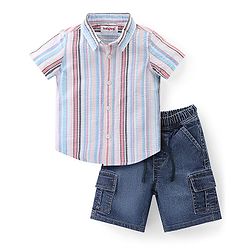 Babyhug Cotton Woven Half Sleeves Regular Collar Striped Shirt & Denim Shorts Set - Multicolor