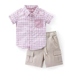 Babyhug Cotton Woven Half Sleeves Checkered Shirt &  Shorts Set - Pink & Beige
