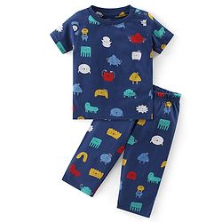 Babyhug Cotton Knit Half Sleeves Printed Night Suit  - Navy Blue